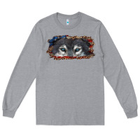 Heather Grey Wolf eyes american flag Long Sleeve Tee - RanaPortraitStore