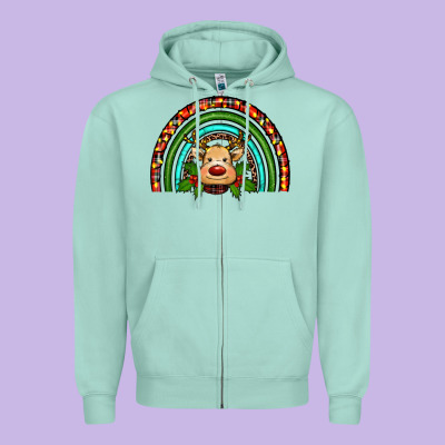 Reindeer Rainbow Christmas Zipper Hoodie Designed By Ranaportraitstore