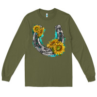 Army Green horseshoe cowhide and sunflowers Long Sleeve Tee - texasbilliewilder