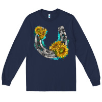 Navy horseshoe cowhide and sunflowers Long Sleeve Tee - texasbilliewilder