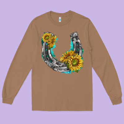 Long Sleeve Tee horseshoe cowhide and sunflowers