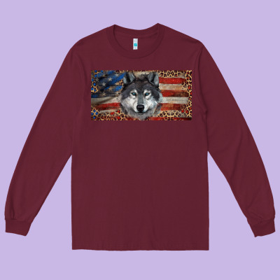 Long Sleeve Tee Wolf with american flag and leopard