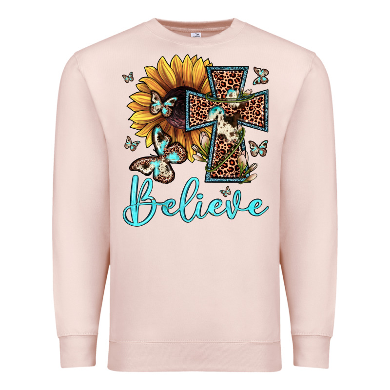 Believe Leopard Cross Sunflower Butterfly Premium Sweatshirt by JahusDesignShop | Teevron