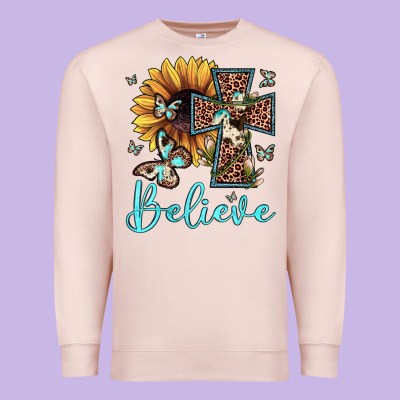 Believe Leopard Cross Sunflower Butterfly Premium Sweatshirt Designed By Jahusdesignshop