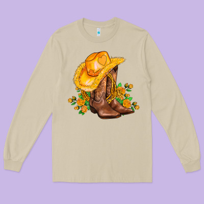 Yellow  Cowgirl And Roses Long Sleeve Tee Designed By Adodesignshop