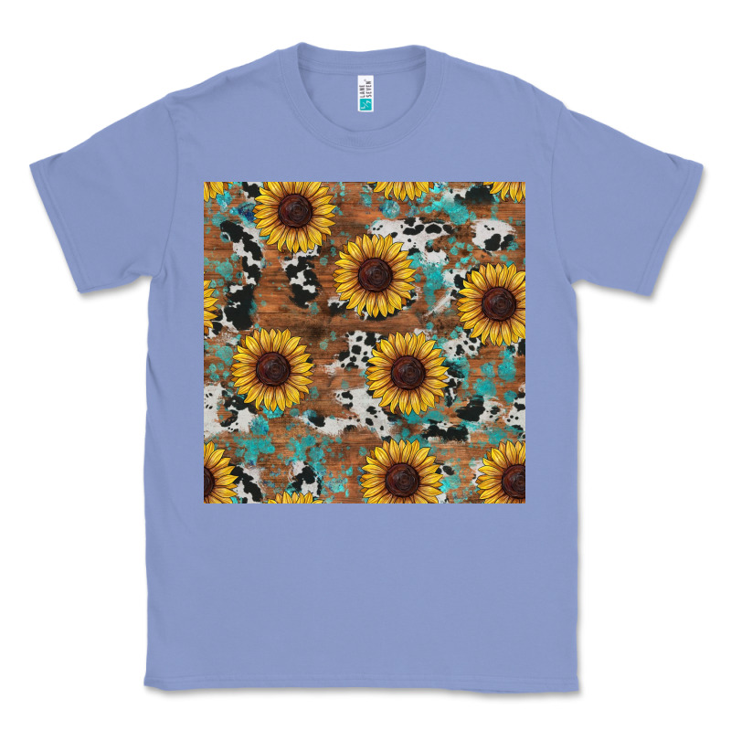 Western Sunflowers Turquoise Cowhide Seamless Background Classic Tee by RanaPortraitStore | Teevron