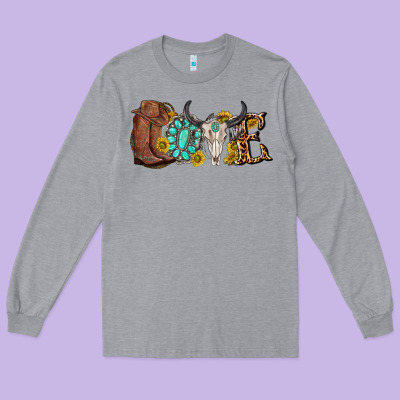 Long Sleeve Tee western love bull skull with gemstone and sunflowe