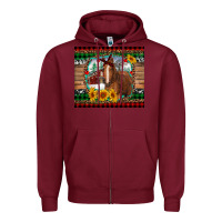 Burgundy christmas farm and horse Zipper Hoodie - RanaPortraitStore