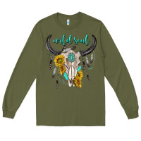 Army Green wild soul boho bull skull Long Sleeve Tee - texasbilliewilder