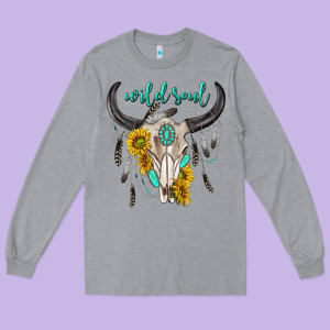 Wild Soul Boho Bull Skull Long Sleeve Tee Designed By Texasbilliewilder