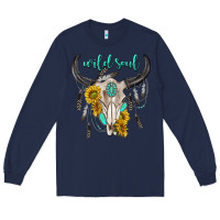 Navy wild soul boho bull skull Long Sleeve Tee - texasbilliewilder
