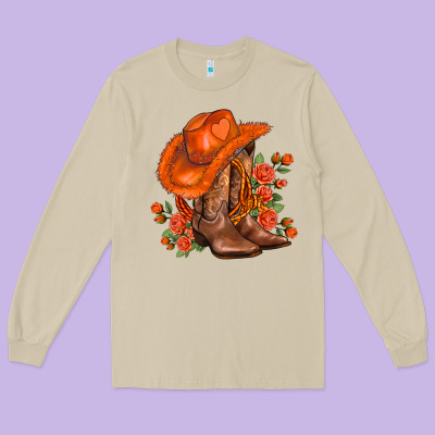Orange  Cowgirl  And Roses Long Sleeve Tee Designed By Adodesignshop
