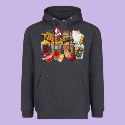 School Bus Coffee Cups Heavyweight Hoodie Designed By Fadigitalartstudio