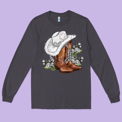 White  Cowgirl  And Roses Long Sleeve Tee Designed By Adodesignshop
