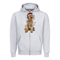 Heather Grey cockapoo with christmas lights Zipper Hoodie - RanaPortraitStore