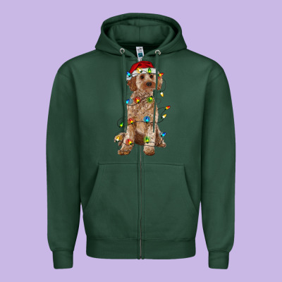 Cockapoo With Christmas Lights Zipper Hoodie Designed By Ranaportraitstore