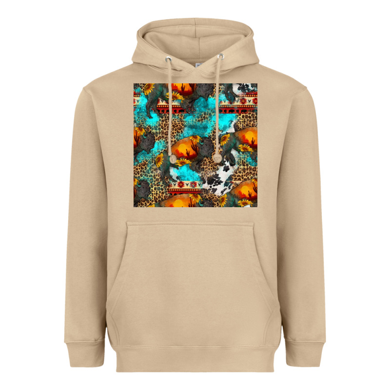 Western Sunset Bison And Sunflowers Seamless Pattern Heavyweight Hoodie by HRA Design Shop | Teevron