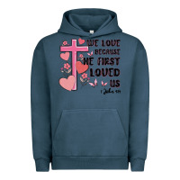 Pigment Midnight Navy we love because he first loved us Urban Hoodie - MaliasSmallBusiness