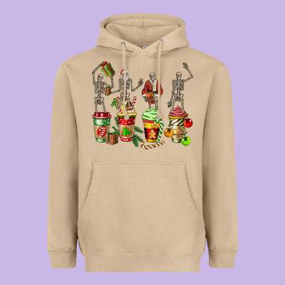 Christmas Skeleton Coffee Cups Heavyweight Hoodie Designed By Fadigitalartstudio