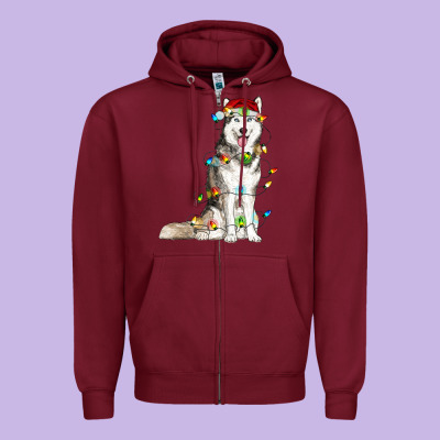 Husky With Christmas Lights Zipper Hoodie Designed By Ranaportraitstore