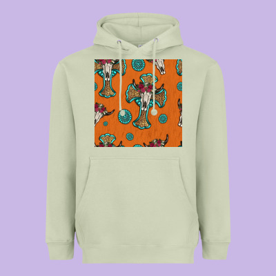 Western Cross And Bull Skull Seamless Pattern Heavyweight Hoodie Designed By Hra Design Shop