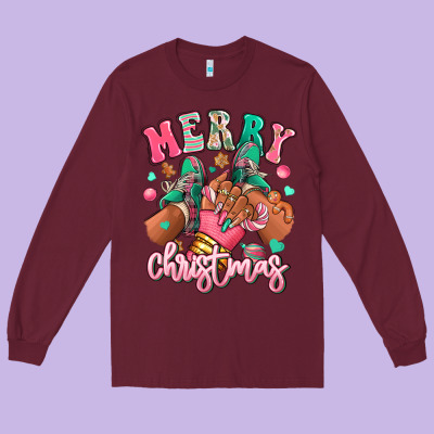 Long Sleeve Tee pink merry christmas black girl sneakers