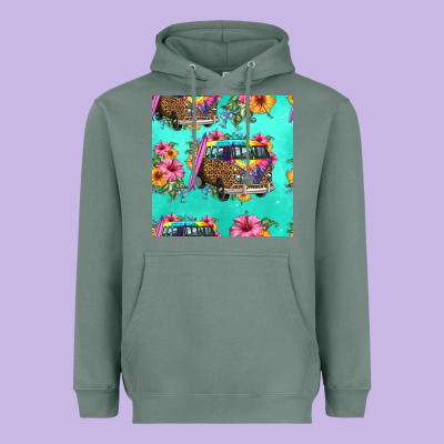 Floral Hippie Truck Seamless Pattern Heavyweight Hoodie Designed By Hra Design Shop