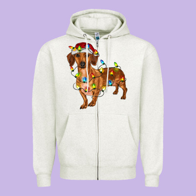 Dachshund With Christmas Lights Zipper Hoodie Designed By Ranaportraitstore