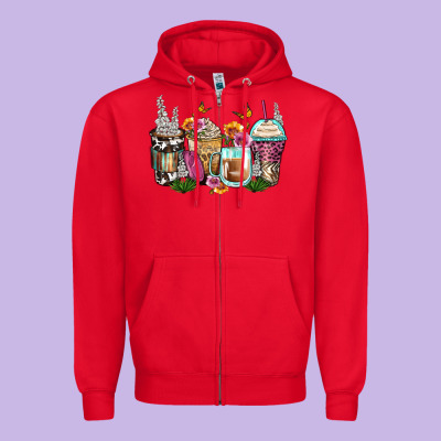 Floral Coffee Cups Zipper Hoodie Designed By Zillion Design Studio