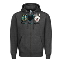 Charcoal Heather peace love huskies Zipper Hoodie - RanaPortraitStore