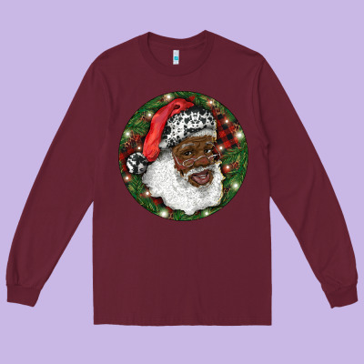 Long Sleeve Tee African American Santa Christmas