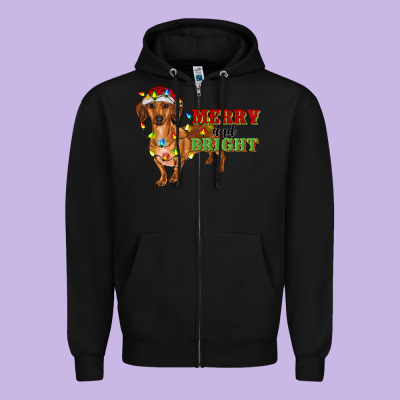 Merry And Bright Dachshund Zipper Hoodie Designed By Ranaportraitstore