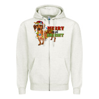 Oatmeal Heather merry and bright dachshund Zipper Hoodie - RanaPortraitStore