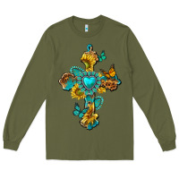 Army Green western cross with gemstone and sunflowers Long Sleeve Tee - texasbilliewilder