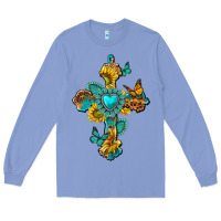Colony Blue western cross with gemstone and sunflowers Long Sleeve Tee - texasbilliewilder
