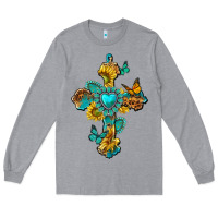 Heather Grey western cross with gemstone and sunflowers Long Sleeve Tee - texasbilliewilder