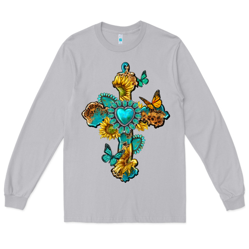Western Cross With Gemstone And Sunflowers Long Sleeve Tee by texasbilliewilder | Teevron