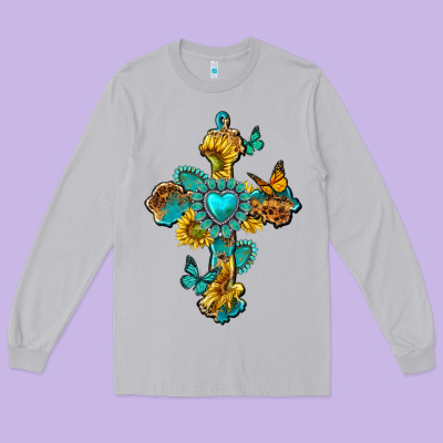 Long Sleeve Tee western cross with gemstone and sunflowers