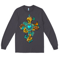 Smoke western cross with gemstone and sunflowers Long Sleeve Tee - texasbilliewilder