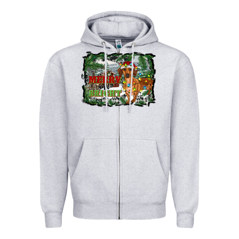 Merry And Bright  Dachshund With Farm Zipper Hoodie by RanaPortraitStore | Teevron