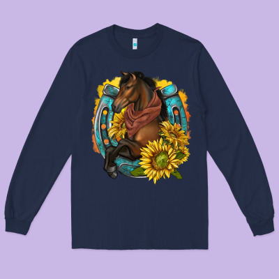 Long Sleeve Tee western horse with horseshoe