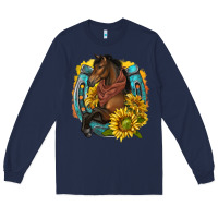 Navy western horse with horseshoe Long Sleeve Tee - texasbilliewilder