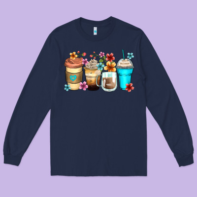 Flowers With Coffee Long Sleeve Tee Designed By Zillion Design Studio