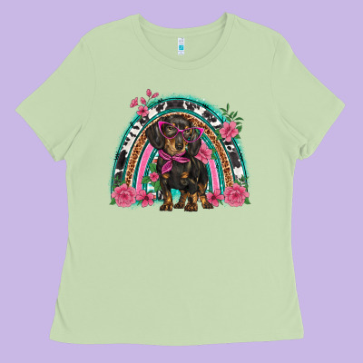 Dachshund Dog Pink  Floral Rainbow Ladies Tee Designed By Barkaloodesign