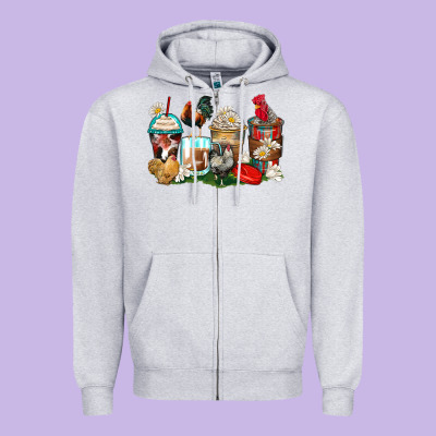 Rooster Coffee Cups Zipper Hoodie Designed By Zillion Design Studio