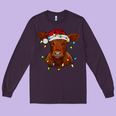 Long Sleeve Tee Christmas baby red angus calf with lights