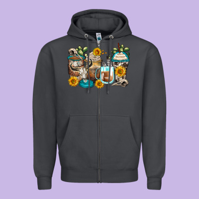 Bull Skull Coffee Cups Zipper Hoodie Designed By Zillion Design Studio