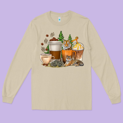 Long Sleeve Tee coffee cups tiger with coffee beans