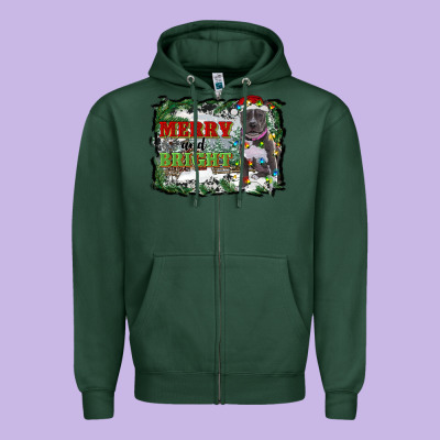 Merry And Bright Pitbull With Farm Zipper Hoodie Designed By Ranaportraitstore