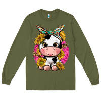 Army Green cut cow with sunflower and leopard  pink Long Sleeve Tee - texasbilliewilder